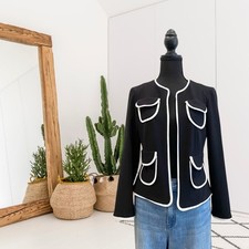 Joseph Ribkoff 8 White Piped Trim Pockets Open Front Blazer Jacket Black