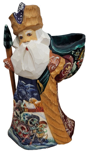 Wooden Hand Carved Russian Santa Claus Painted Figure 6.25" Signed Christmas