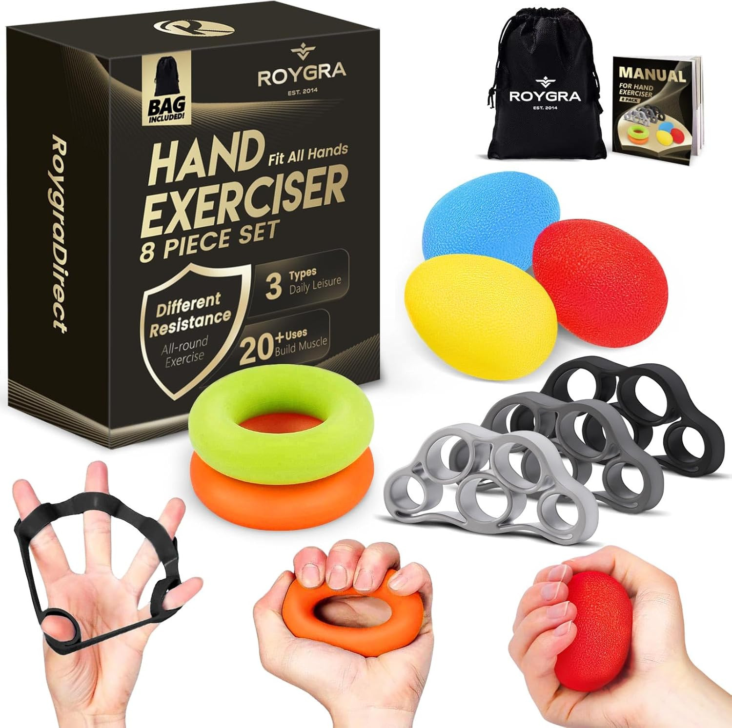 Roygra Grip Strength Trainer (8 Pack), Forearm Strengthener, Stress Balls for Ad
