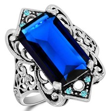 12CT Treated Sapphire  Aquamarine 925 Sterling Silver Art Deco Ring Sz 6 US7