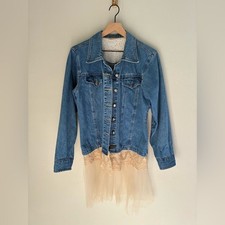Upcycled Vintage Denim Jacket Shabby Chic Bohemian Lace Eclectic Size Large