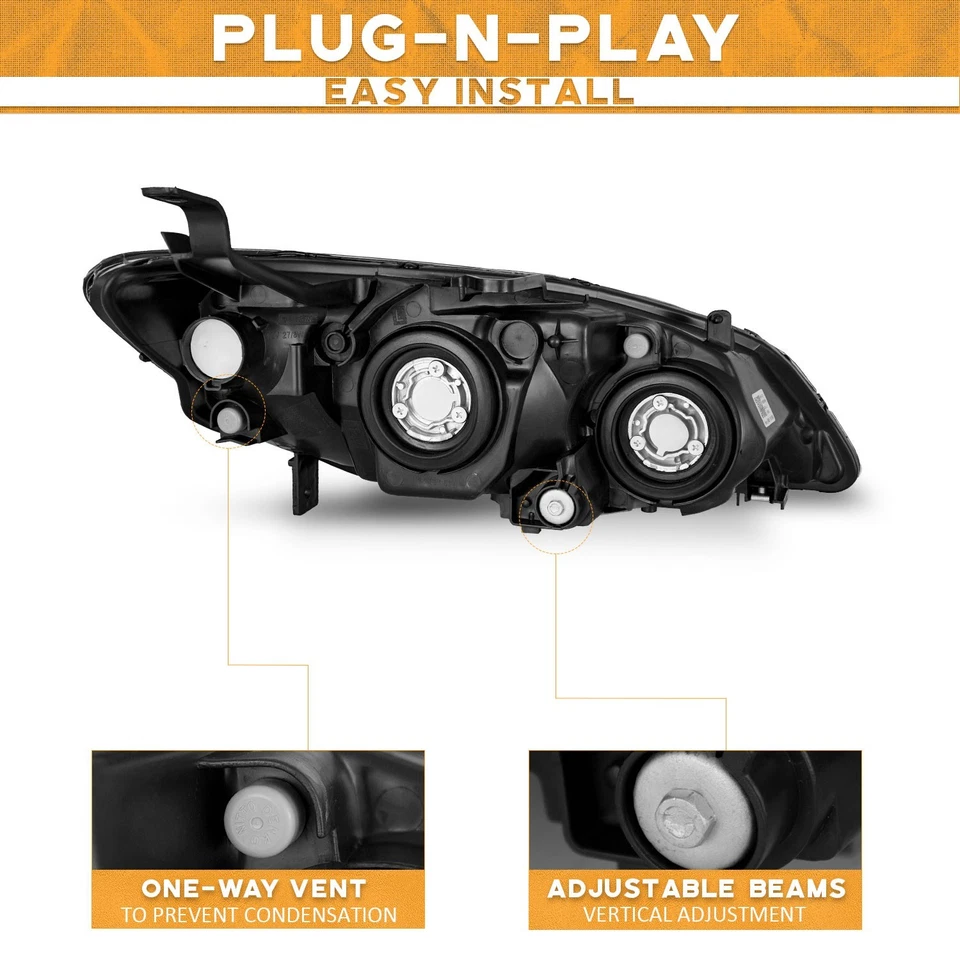 Pair Headlights For 2004-2005 Honda Civic 2Dr/4Dr Black Amber Assembly Foto 4 de 4