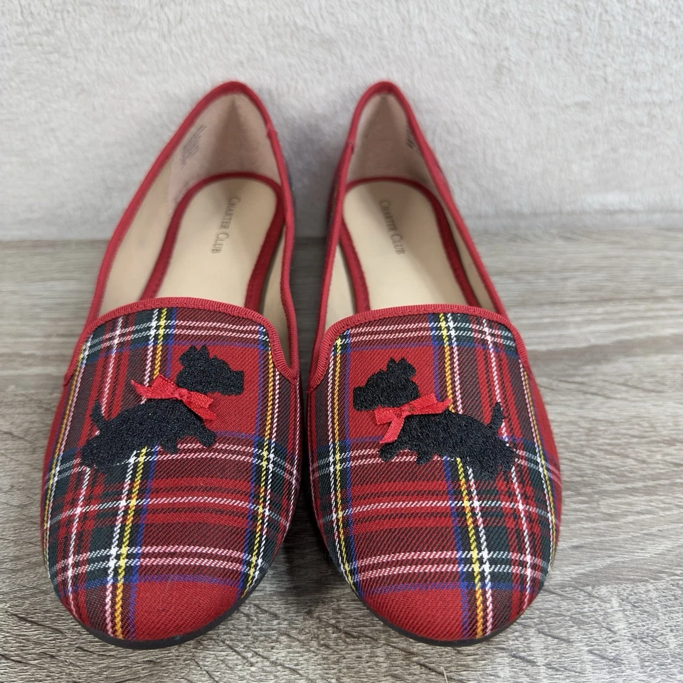 Mocasines Charter Club Holiday rojo tartán escocés perro talla 10 M Navidad Foto 3 de 4