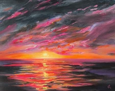 Beach Sunset Art - Original Painting On Canvas - Landscape Seascape Ocean 11x14