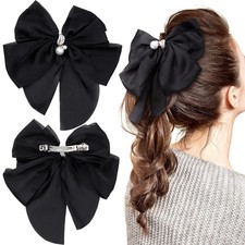 Big Ribbon Bow Hair Clip with Pearl, Long-Tail Coquette Bridal Bowknot Hair B...