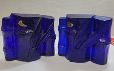 Vintage MCM Blenko Glass Colbalt Blue Bamboo Shaft Bookends Original Tag