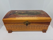 Vtg Domed Wooden Box w/Lid Latch Carved Feet Handles Cottage Scene On Top