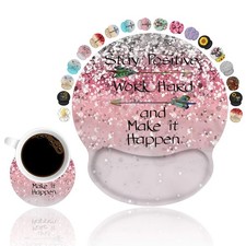 Ergonomic Mouse Pad Wrist Support and Coasters Set, Pink Glitter Stay Positiv...