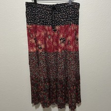 Sag Harbor Women  s Tiered Floral Midi Skirt Multicolor Cotton Size L Pull On
