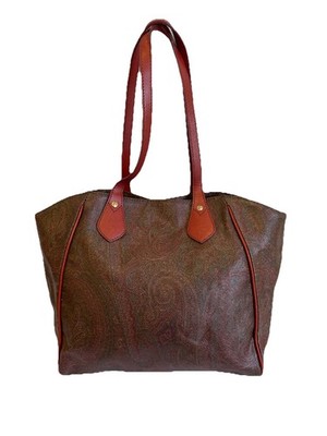 RAS# Etro Milano Paisley Tote Bag Brown Leather Trim Italy Shoulder Handbag #R