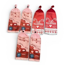 6 KNIT TOP Valentines Kitchen Towels Button Loop To Hang Set of 6 Pink