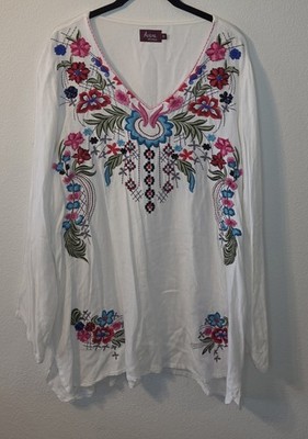 Avani sel amour White Floral Embroidered V-Neck Long Sleeve Tunic Blouse 1X