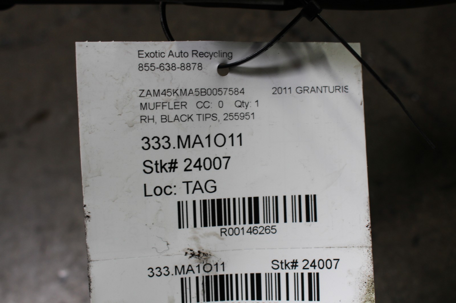 Maserati Granturismo, GranCabrio, RH, Right, Muffler, Used, P/N 255951