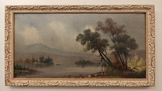 Antique 19th C. American Oil on Board — Signed "W.D." — Tonalist Lake & Mountain