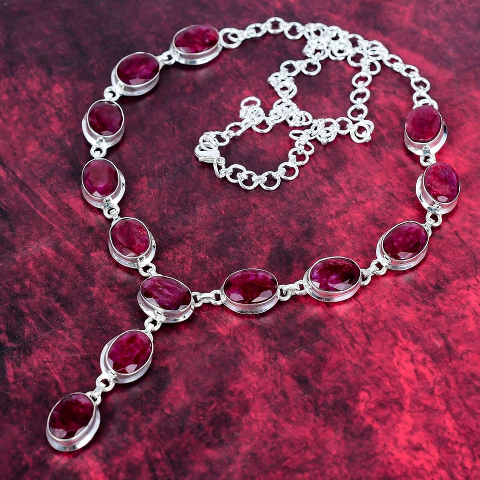 Lab-Created Ruby Gemstone Handmade 925 Silver Necklace Jewelry Gifts For Love - Image 3 of 4