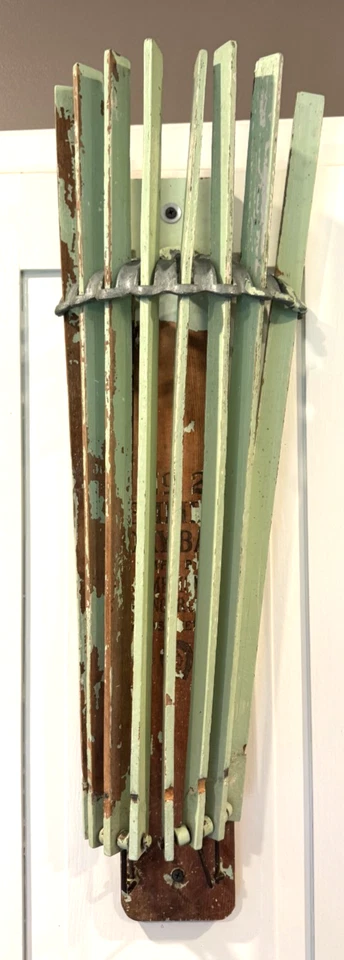 ANTIQUE WOODEN ARM CLOTHES DRYER WALL MOUNT WOOD DRYING RACK Rare GREEN PATINA - Image 2 of 4