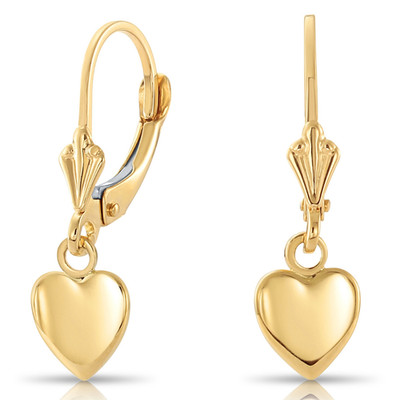 14K Real Solid Yellow Gold Dainty Puffy Heart Dangle Drop Hoop Earrings