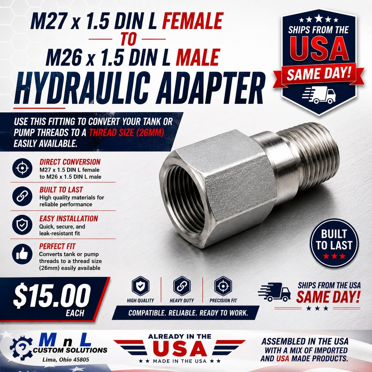 Chinese Mini X or Skid Adapter Female M27 x 1.5 DIN L to Male M26 x 1.5 Din L