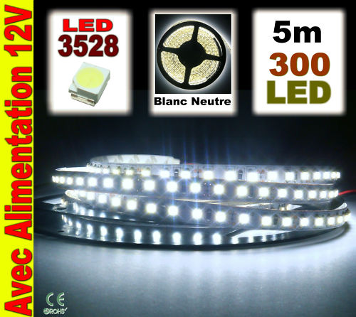 Bandeau lumineux Ruban LED Blanc Pur 5m 300LED avec transformateur 12V kit complet A801/5#