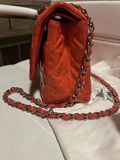 CHANEL RED LEATHER CLASSIC DOUBLE FLAP BAG QUILTED PATENT JUMBO