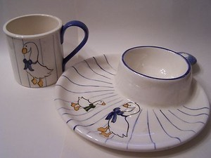 Babys First Mug and Dish Set -  porcelain goose design / ceramic white & blue