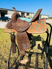 Barrel Turquoise Youth-Kids Western Horse Barrel Saddle-Floral Tooled 10" to 13"