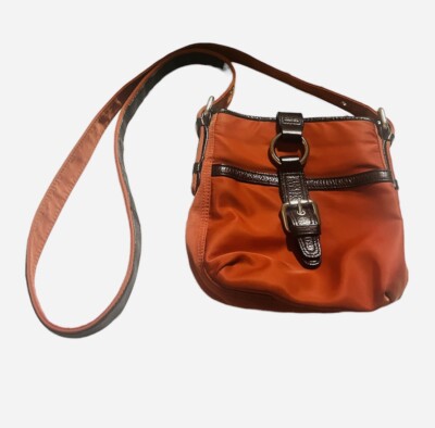 Talbots Orange Nylon Brown Leather Crossbody Shoulder Bag Sm Light Travel Easy