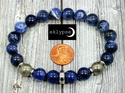 Luxe 8"L STAINLESS STEEL 10mm Blue Sodalite+Pyrite Gemstone Beaded Men Bracelet - 第 8/9 張圖片