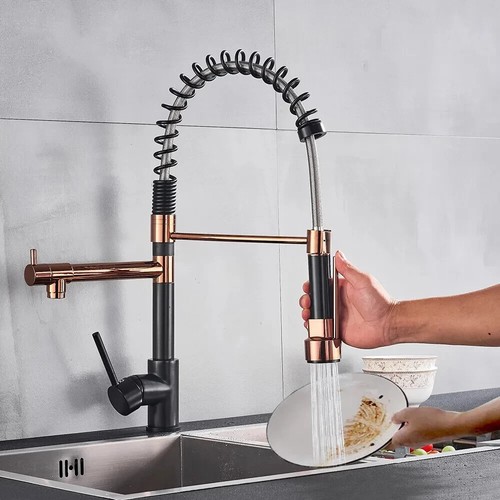 Rose Gold & Black Kitchen Sink Faucet Pull Down Sprayer Single Handle Mixer Tap - Picture 3 of 10