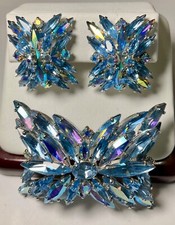 Vintage Sherman Signed Montana Blue AB Chevron Brooch & Earring Set Mint
