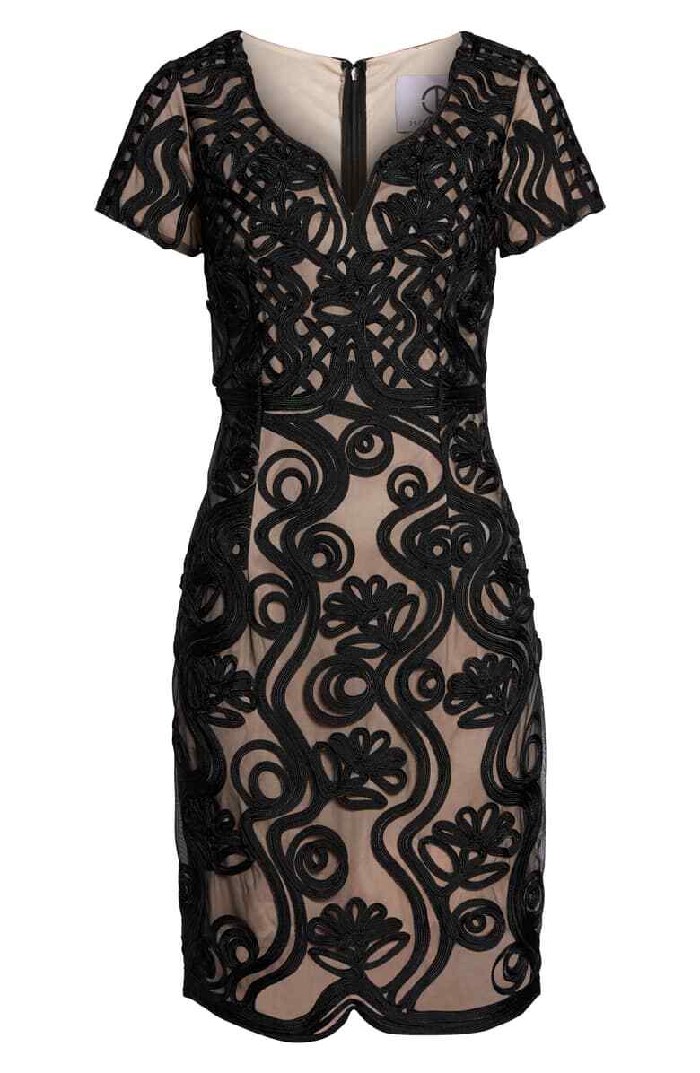 knee length dresses for ladies JS Collections Boat Neck Short Sleeve Zipper Slit Back Embellished Soutache  Mesh Dress