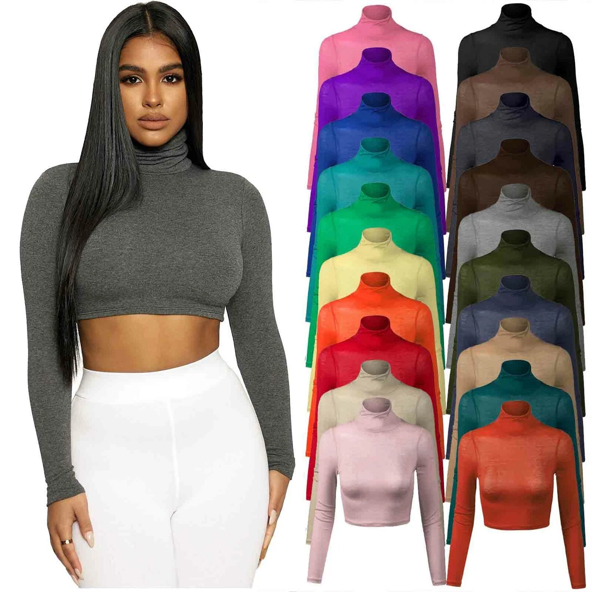 Womens Girls Turtle Neck Crop Top Ladies Mesh Long Sleeve Polo Short  Stretch Top