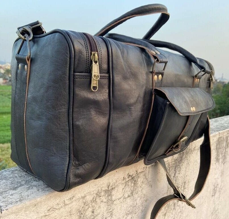Large BLACK Duffle Men Genuine Leather Travel Luggage Gym Weekend Overnight Bag - Image 4 of 4
