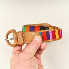 Colorful Guatemalan Woven Belt Brown Leather Trim Womens's Sz M / 30 1.25"