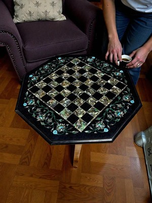 Handmade Black Marble Chess Table | Abalone Inlay, Luxury Game Furniture