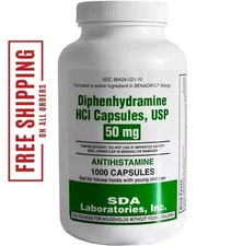 DIPHENHYDRAMINE 50MG 1000ct capsules, SDA LABS, Allergy Relief..