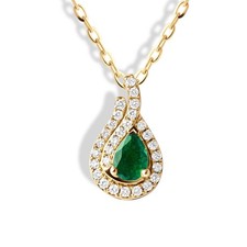 14K Yellow Gold Diamond and Emerald Teardrop Pendant Necklace