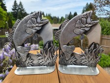 Metzke Pewter Book Ends #445 Fishing Large Mouth Bass Pair 1980's USA Made Nice!