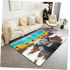 Highland Cow Area Rug for Kids Boys Girls Sunflower Decorative Carpet Set 5x7 