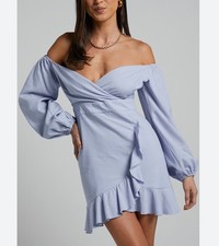 Showpo Womens Linen Blend Blue Mini Dress Off Shoulder US 14 Party Cocktail