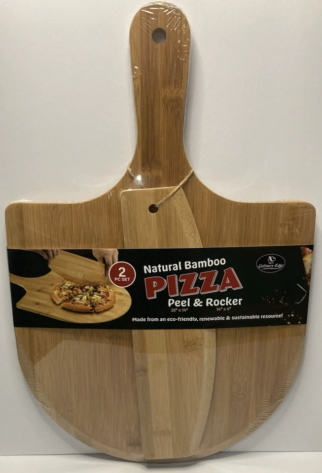 Juego balancín de bambú natural para pelar y rebanar pizza - tabla de remo de 22" y cortador de 14" Foto 2 de 4