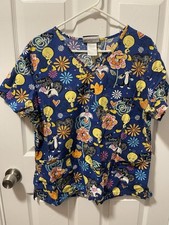 Looney Tunes Tweety Bird  Sylvester Scrub Top Women  s Size Large Blue V-Neck