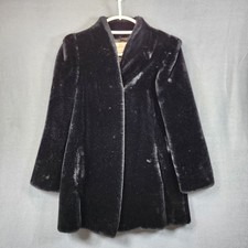 Vintage Womens Coat 6 Glenoit Intrigue Black Faux Fur Union Made USA Mobwife