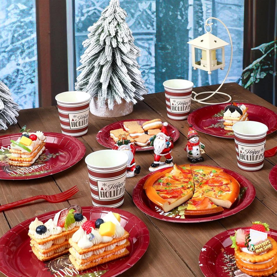 Juego de vajilla desechable de Navidad de 150 piezas para 25 invitados - platos rojos de vacaciones, Foto 3 de 4