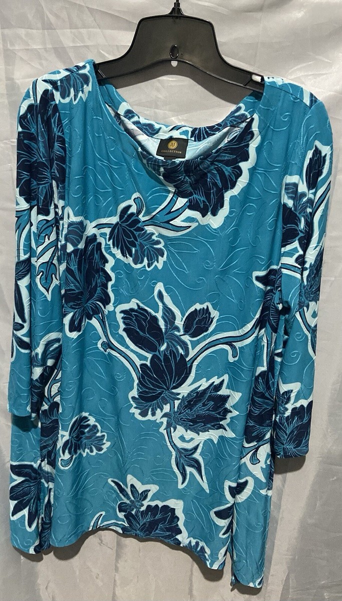 JM Collection Women Sea Blue Blooms Jacquard Swing Top 3/4