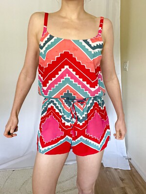 Eight Sixty Pink Red Ikat Tribal Cami Boho Romper Sz S