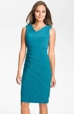 ADRIANNA PAPELL V-NECK SHUTTER PLEATED JERSEY TURQUOISE SHEATH DRESS sz 8
