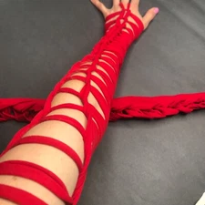 Long Red Arm Warmers Lace Up Gloves Cotton Armwarmers Corset Cut Out Halloween