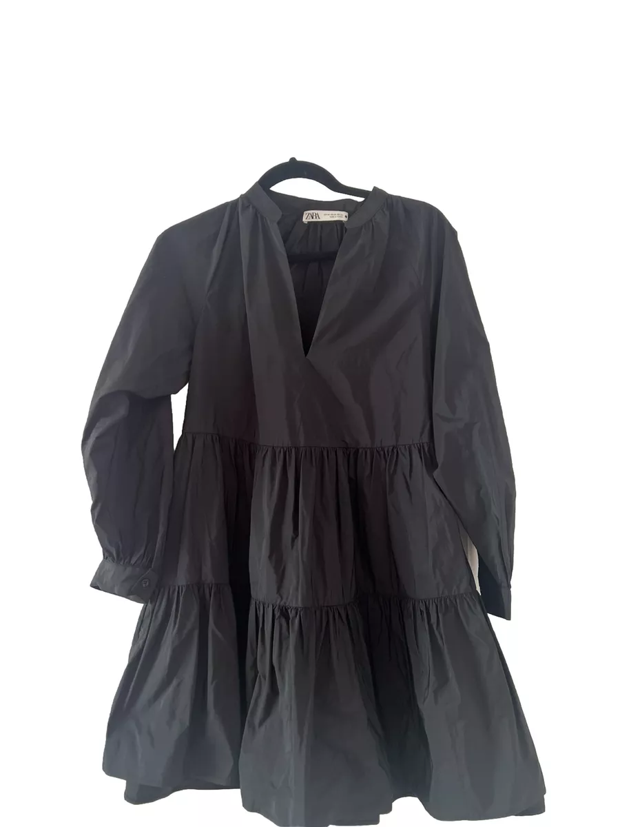 Zara Black Taffeta Tiered Mini Babydoll Dress XS