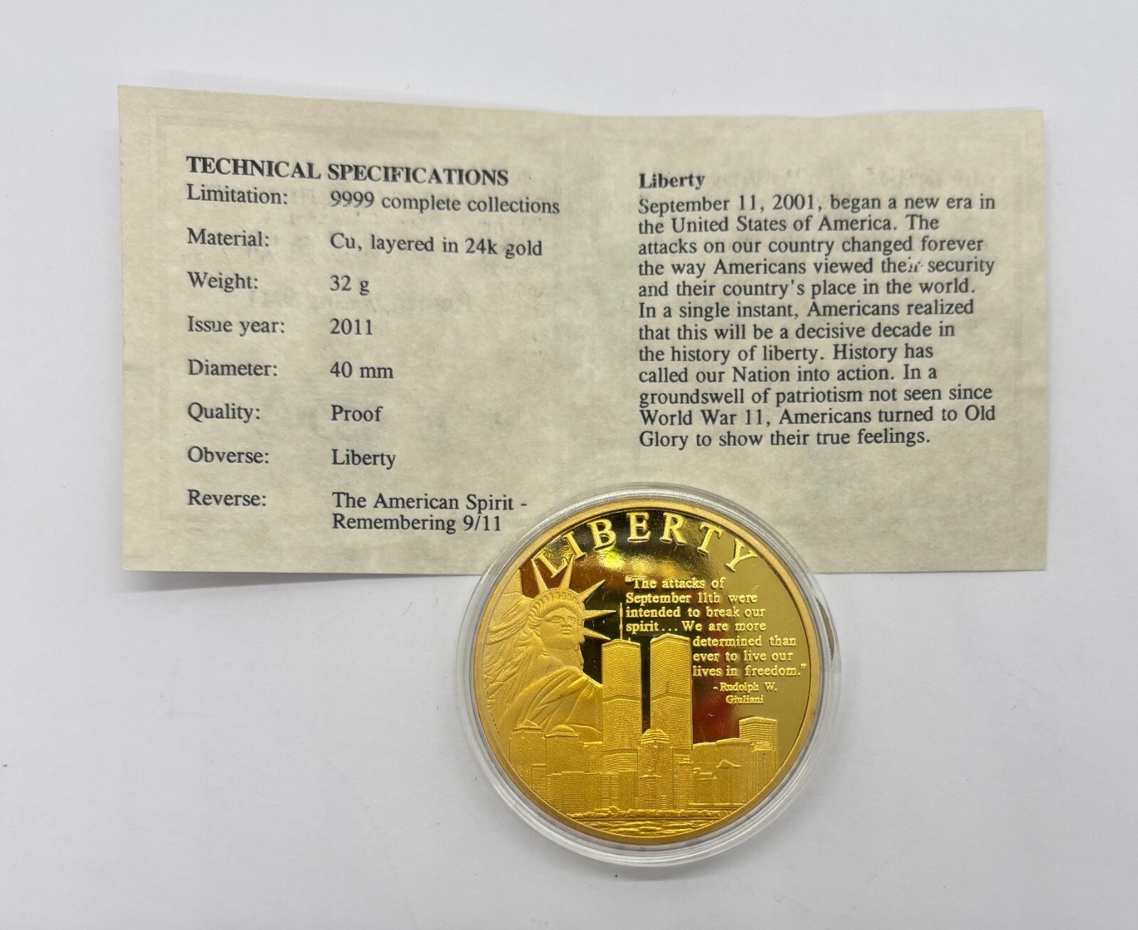 American Mint The American Spirit Remembering 911 - 24K Layered Gold with COA